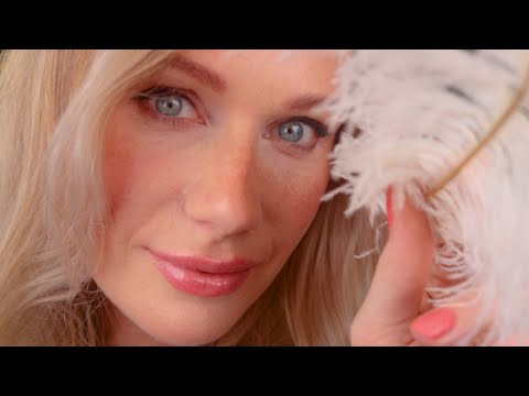 ASMR Close-up Tickles with feathers [ personal attention & soft whispers ]