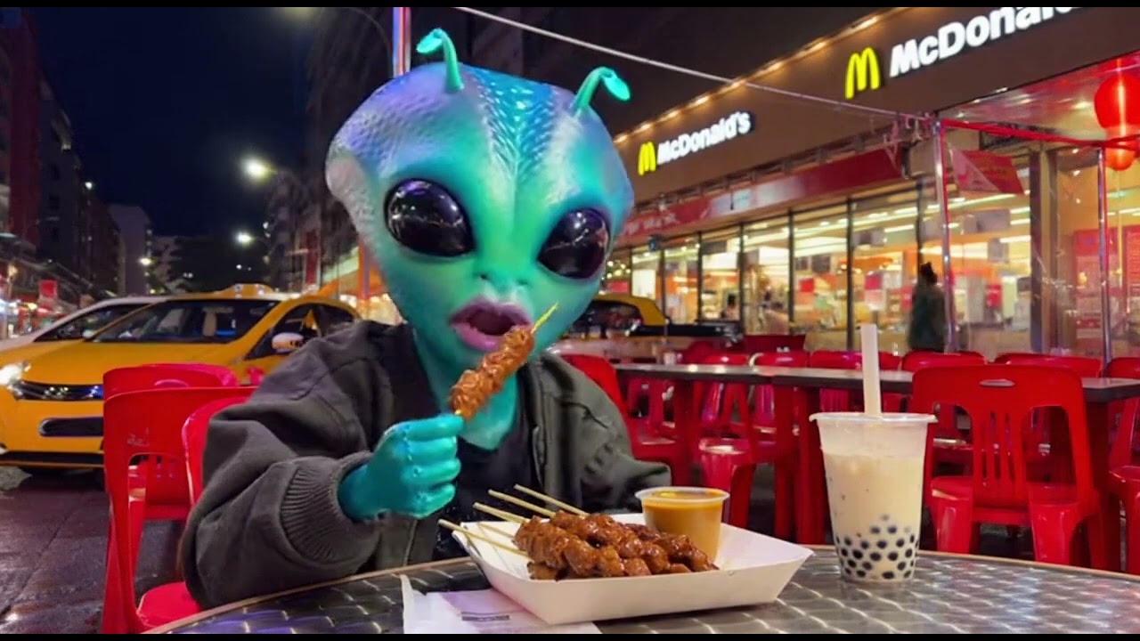 Alien eat satay outside mcdonald restaurant