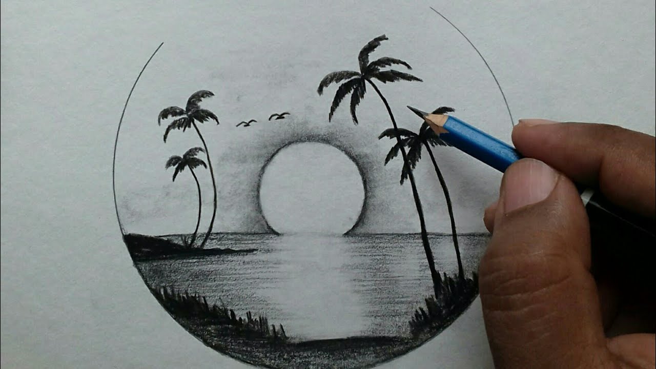 Easy Scenery Drawing Ideas For Beginners / Charcoal Pencil Drawing - Youtube