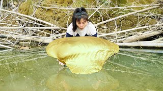 The girl discovered a huge golden clam and opened it, revealing all the sparkling treasures inside