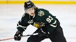 London, Ontario, Canada. 15th Oct, 2014. Mitchell Marner (93) of the London  Knights follows the play during a game between the London Knights and the  Erie Otters played at Budweiser Gardens in