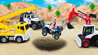 Crane truck rescue construction vehicle and sand leveling with excavator dump truck - Toy car story