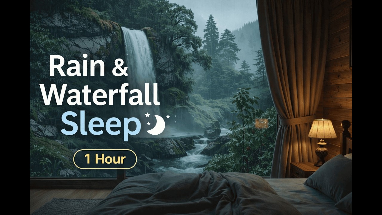 1 Hour Waterfall & Rain Sounds for Deep Sleep | Cozy Forest Cabin Ambien