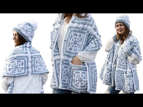 Crochet Winter Shawl | Crochet Snowflake Pocket Shawl, Hat & Mittens