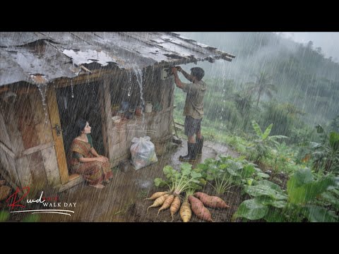 REAL COOL VILLAGE LIFE WITH HEAVY RAIN AMBIENCE | RAIN WALK FOR RELAXATION