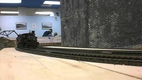 Shay locomotive with sound pulling scratch built work cars on the GSMRC