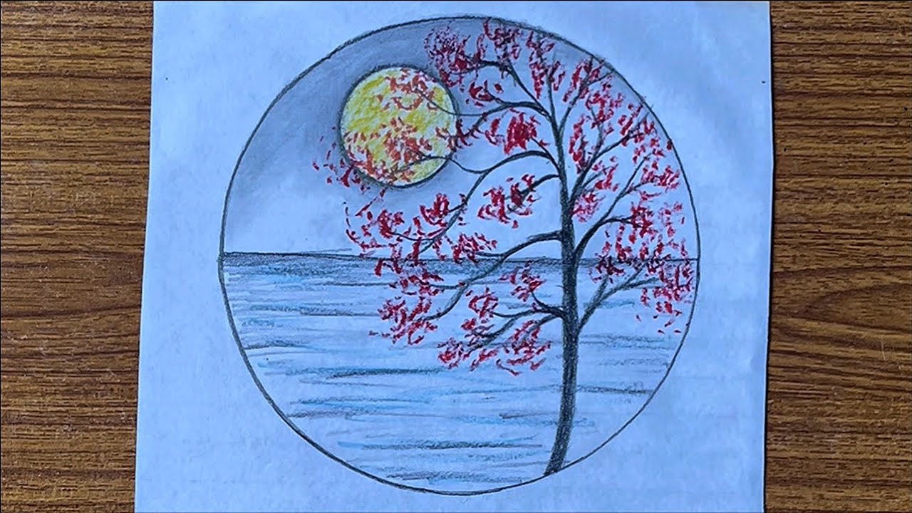 How to draw a scenery in a circle step by step-for beginners // Easy ...