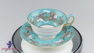 【アンティークエンジェル】ウェッジウッド(Wedgwood) アシュフォード パウダーターコイズ 金彩装飾 ティーカップ&ソーサー(ピオニー)