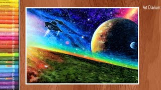 Art with Oil Pastels - Galaxy Drawing with Planets Step by Step - For Beginners