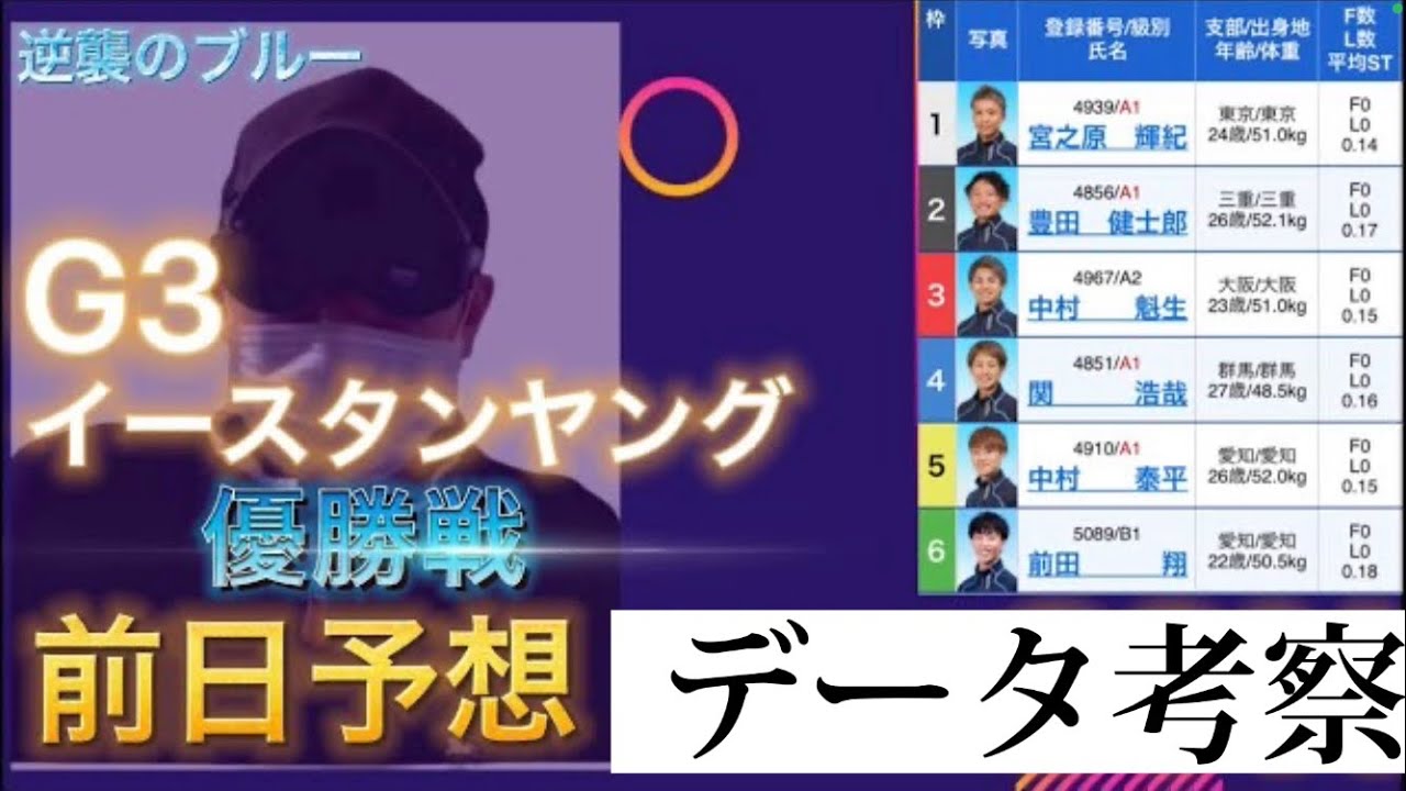 競艇予想 データ G3 イースタンヤング優勝戦 宮之原選手機力万全 相手超コース巧者 軸から2点 データから若干の中穴推奨 競艇 競艇予想 津競艇 前日予想 津優勝戦 公営ギャンブル無料動画