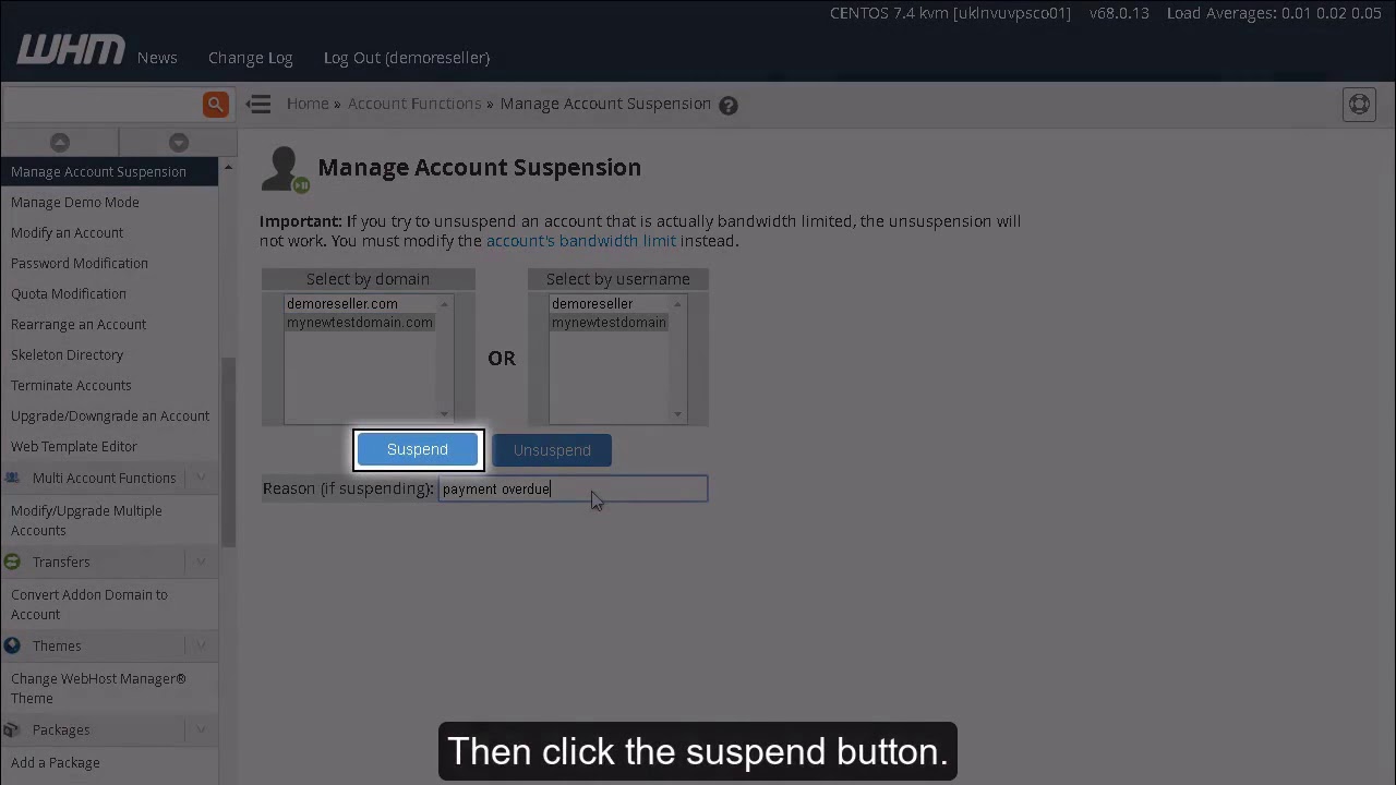How to suspend or unsuspend an account in WHM?