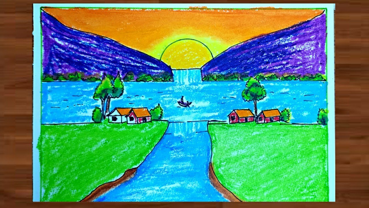 How to Draw Easy Scenery of Mountain, Village River Step by Step ...
