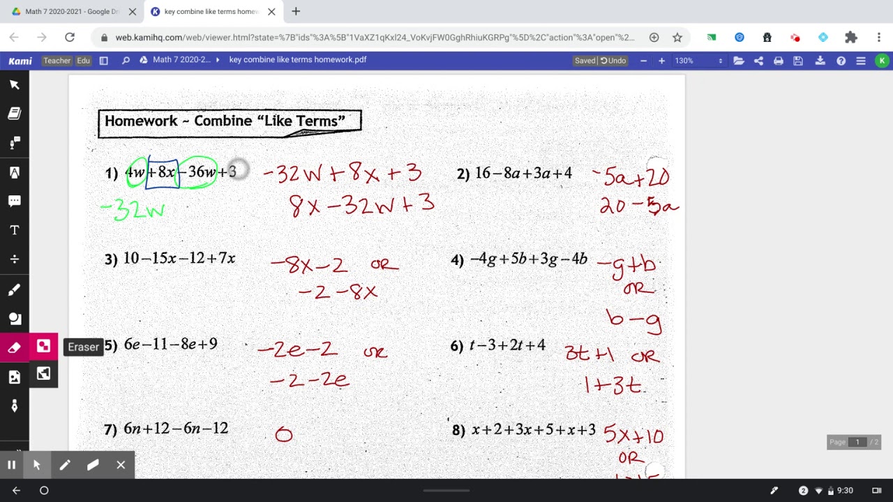 problem solving combine like terms lesson 7.7 answer key