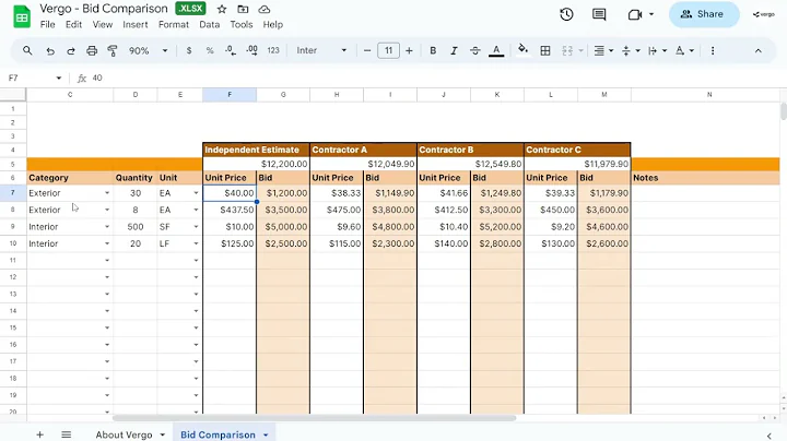 Vergo Bid Comparison Template in Google Sheets