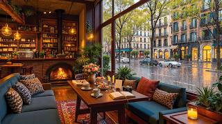 Rainy Atmosphere at Spring Coffee Shop Ambience ☕ Warm Jazz Music & Soft Rain Sounds for Study, Work