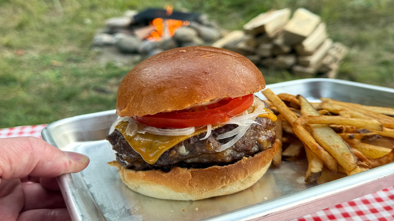 Relax and Enjoy a Moose Burger Over Campfire - No Talking | Bacon, Cheese & Butter