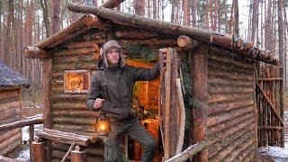 Off Grid Log Cabin With My Rabbit  Rabbit Barn Near Homestead in the Wilderness