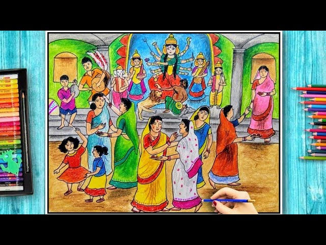Durga puja Sindur Khela | Durga Puja Bisorjon This is a spectacular Drawing  showing Durga Puja. The artist has subtly crafted this artwork to glorify  Durga and her Puja. The drawing basically