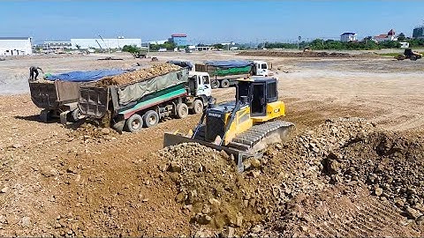 Operation Skills Shantui DH17C3 &Team Dump Truck 25t Landfill Task Using Push Stone into Flood Block