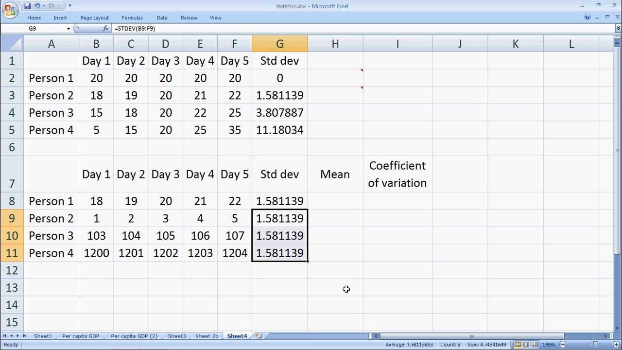 calculate standard deviation in excel