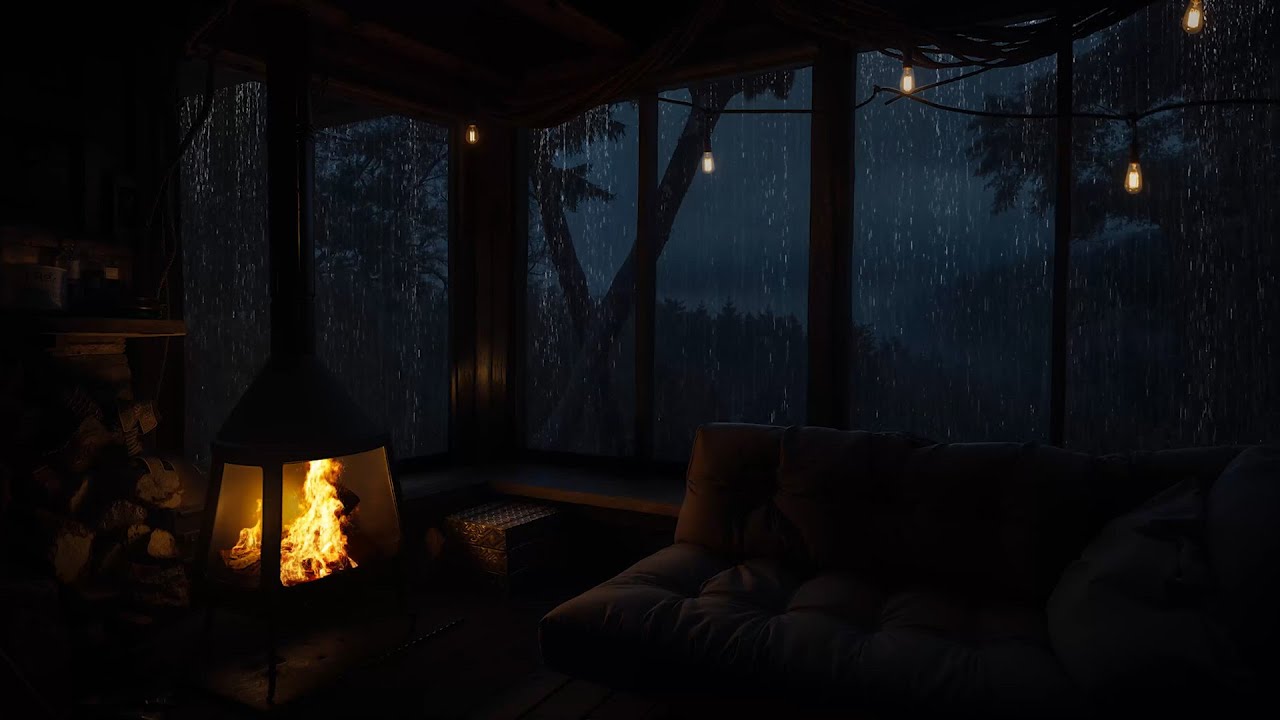 Rainy Night Ambience in Cozy Cabin | Fireplace Crackling Sounds for Sleeping