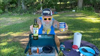 Cooking corn, beef, hash outdoors Coleman two burner propane