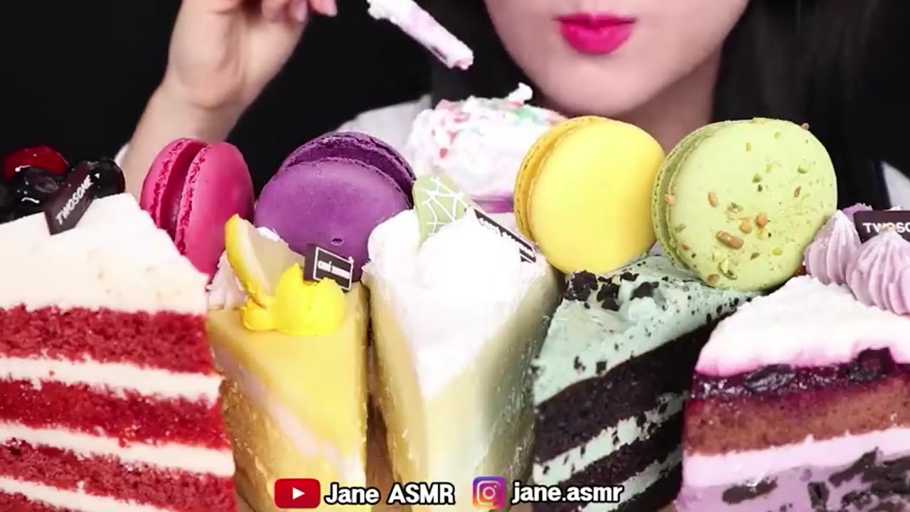 BITES ONLY: ASMR RAINBOW CAKE, UNICORN FRAPPE, RAINBOW MACARON EATING SOUNDS *JANE ASMR