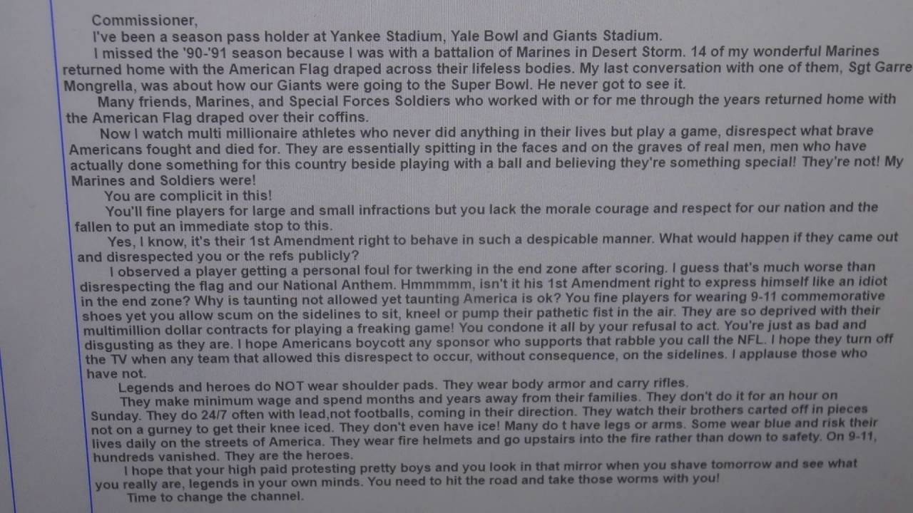 a united states marines letter to the n f l commissioner youtube marines letter to nfl
