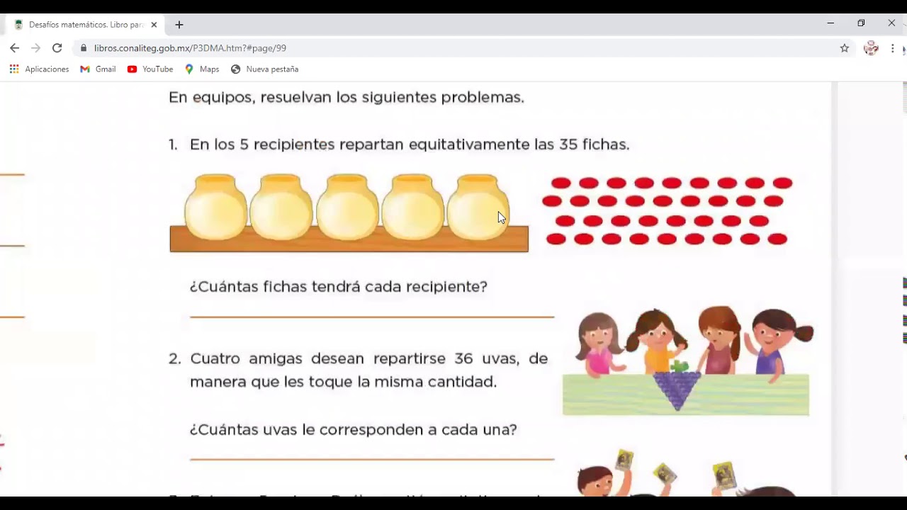Desafío matemático 44 Repartos equitativos, tercer grado, página 99