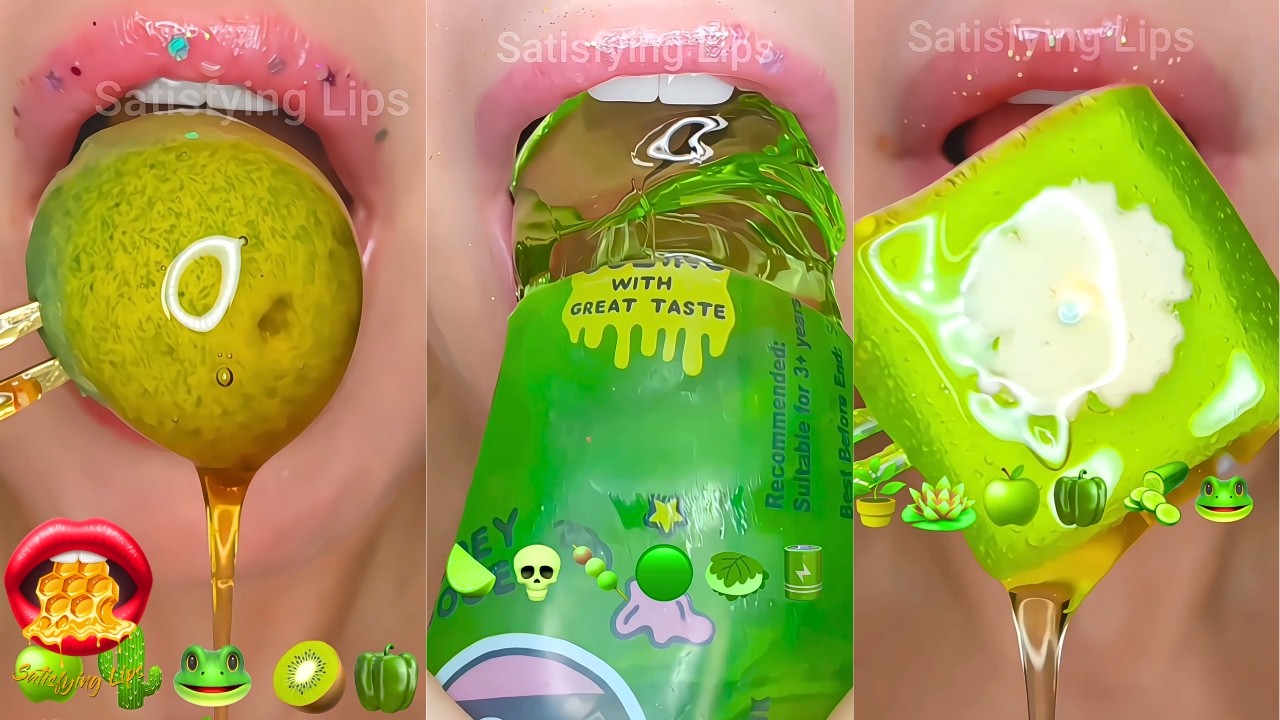 Satisfying ASMR Eating Emoji Food Challenge Green Compilation Mukbang