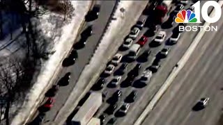 Lengthy traffic delays due to crashed tractor trailer blocking Route 128 in Newton
