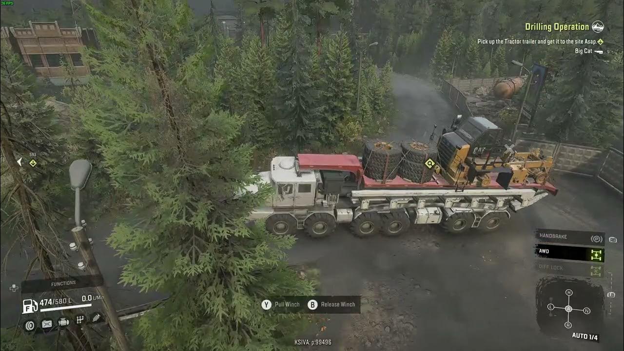 SnowRunner Cat On A Trailer And Trailer Load On Truck And Large Pipe snowrunner-cat-on-a-trailer-and-trailer-load-on-truck-and-large-pipe
