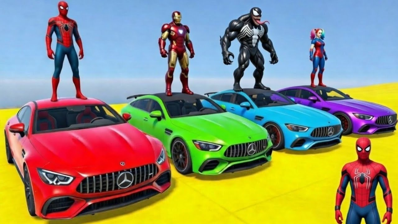 MERCEDES GT63 Mega Ramp Jump Challenge | IRONMAN vs SPIDERMAN vs DEADPOOL | GTA 5 Superhero Mods