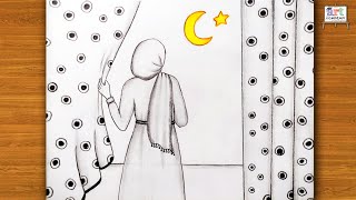 رسم سهل | تعليم رسم بنت محجبة من الخلف مع هلال رمضان سهل خطوه بخطوه للمبتدئين | رسم رمضان