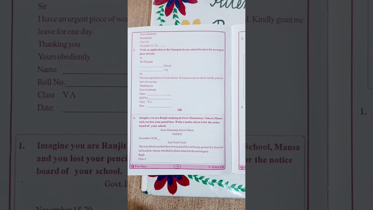 Punjab board class 5th English application message notice important exam Punjab board explanation