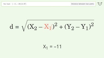 Find the distance between two points p1 (-11,-39) and p2 (0,97): Step-by-Step Video Solution