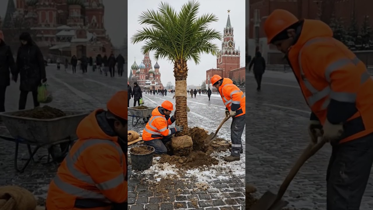 В Москве рабочие из Индии поставили пальму на Красной площади