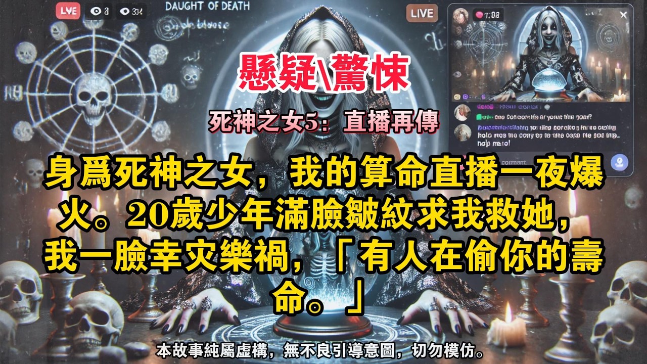 【死神之女5：直播再传】身为死神之女，我的算命直播一夜爆火。连线者满脸皱纹，「主播，我今年才二十多，可身体机能已经六十了，医生又检查不出来问题，求求你救救我！」我一脸幸灾乐祸，「有人在偷你的寿命。」