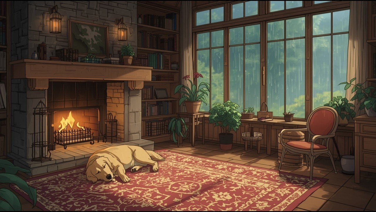 Cozy Fireplace Cabin at Night 🌧️ Calm Lofi for Relax, Study & Rest