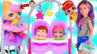 LOL Surprise Dolls + Lil Sisters Meet Skipper the Babysitter  Barbie McDonalds Drive Thru Toy Video