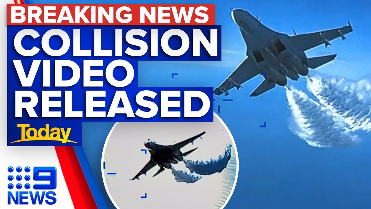 Pentagon declassifies video of Russian jet collision with US drone | 9 News Australia