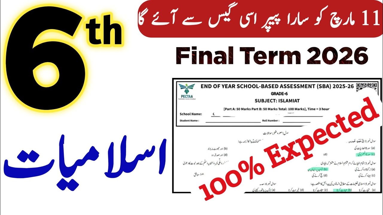 6th Class Islamiat Final Term Paper 2026 | Class 6 Islamiyat SBA Guess Paper 2026 Punjab Board