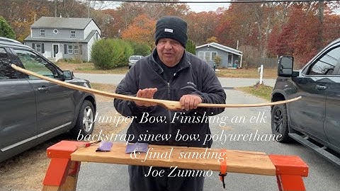 Juniper Bow. Finishing the elk backstrap sinew bow. Polyurethane & final sanding. Joe Zummo