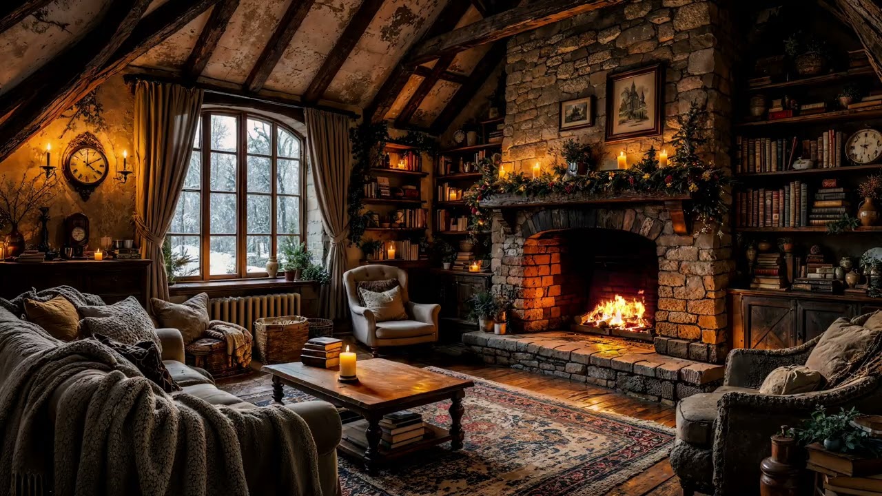 Snowfall at the Cozy Cabin ❄🔥 Winter Fireplace Ambience for Reading, Relaxation & Deep Sleep