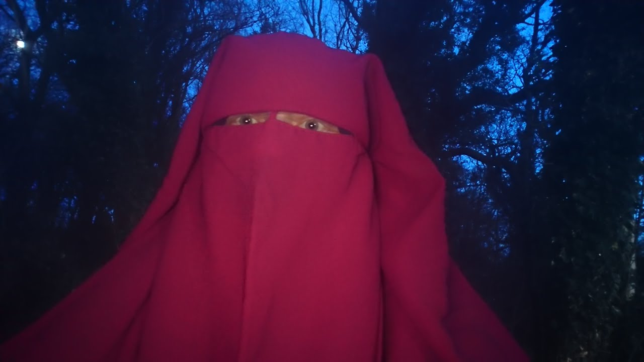 Red Niqab Evening Walk in Park