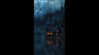 🔴 Peaceful Rain & Thunder Sounds for Sleeping Aid - Gloomy Stormy Night at Lakeside Wooden Lodge