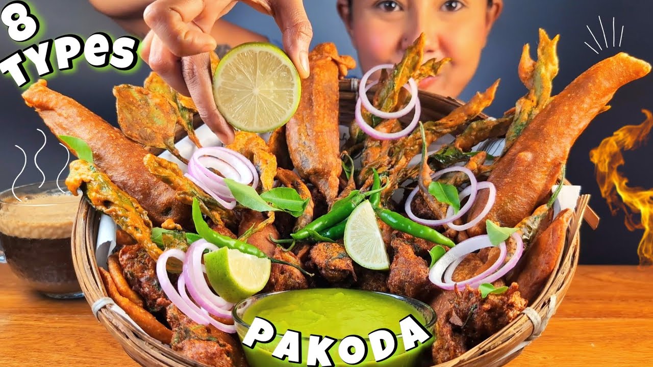 COOKING & EATING 8 DIFFERENT TYPES OF PAKODA WITH SPICY CHUTNEY | PAKODA WITH CHAI / COFFEE MUKBANG