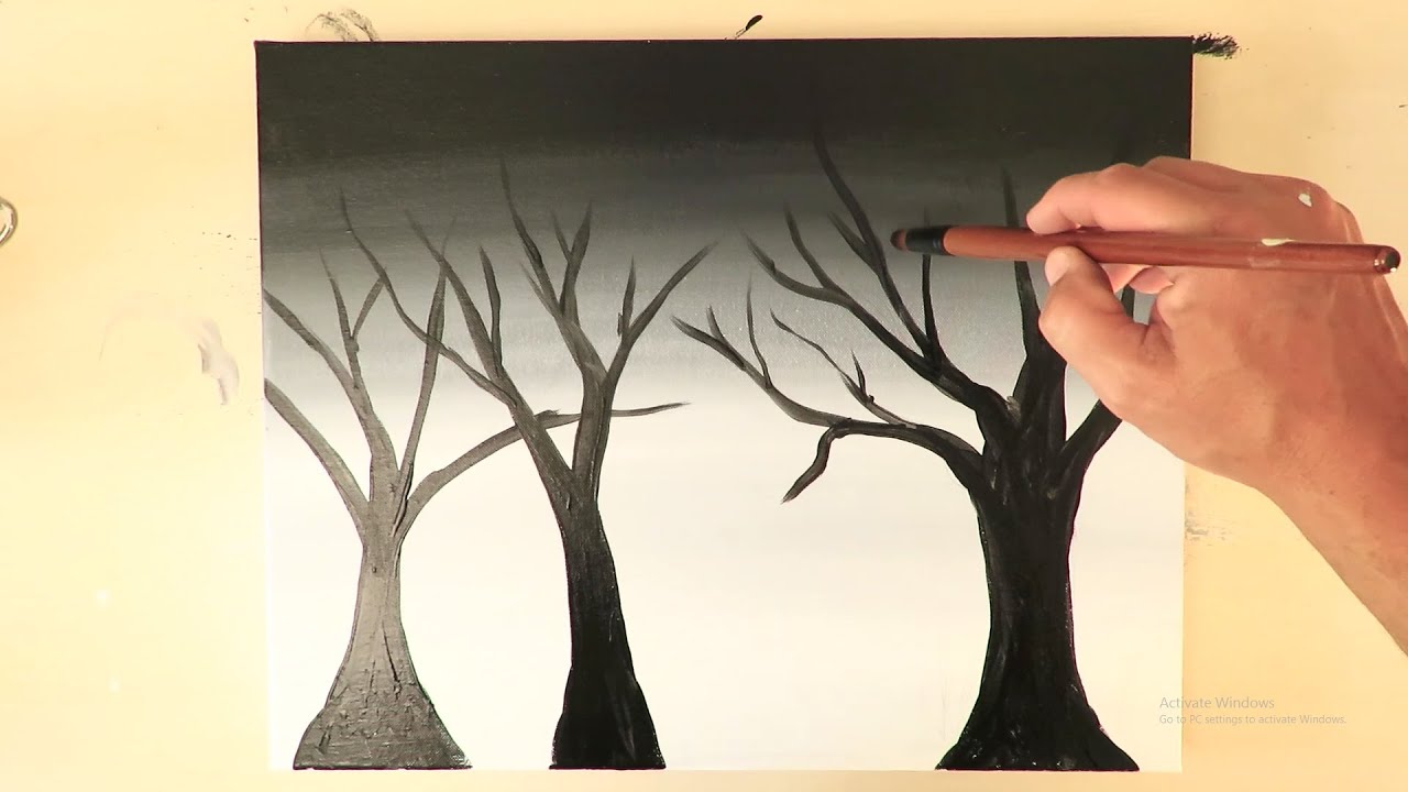 How To Blend Black And White Acrylic Paint With Black Silhouette Trees