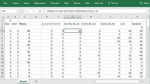 Craps Pass Bet With Odds Strategy Simulation, Setup in Excel Spreadsheet