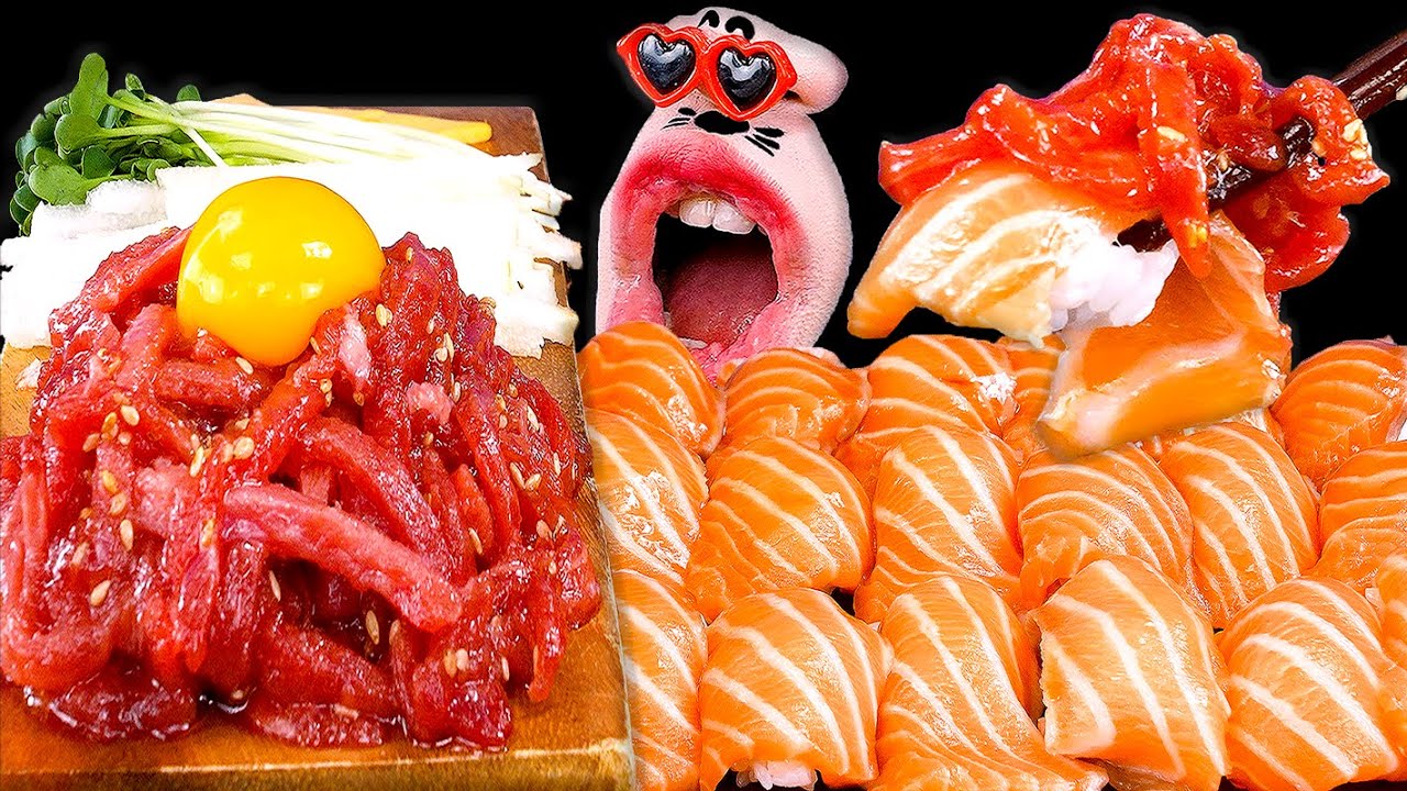 Yukhoe and Salmon Sushi! ASMR Mukbang Eating Show! YouTube